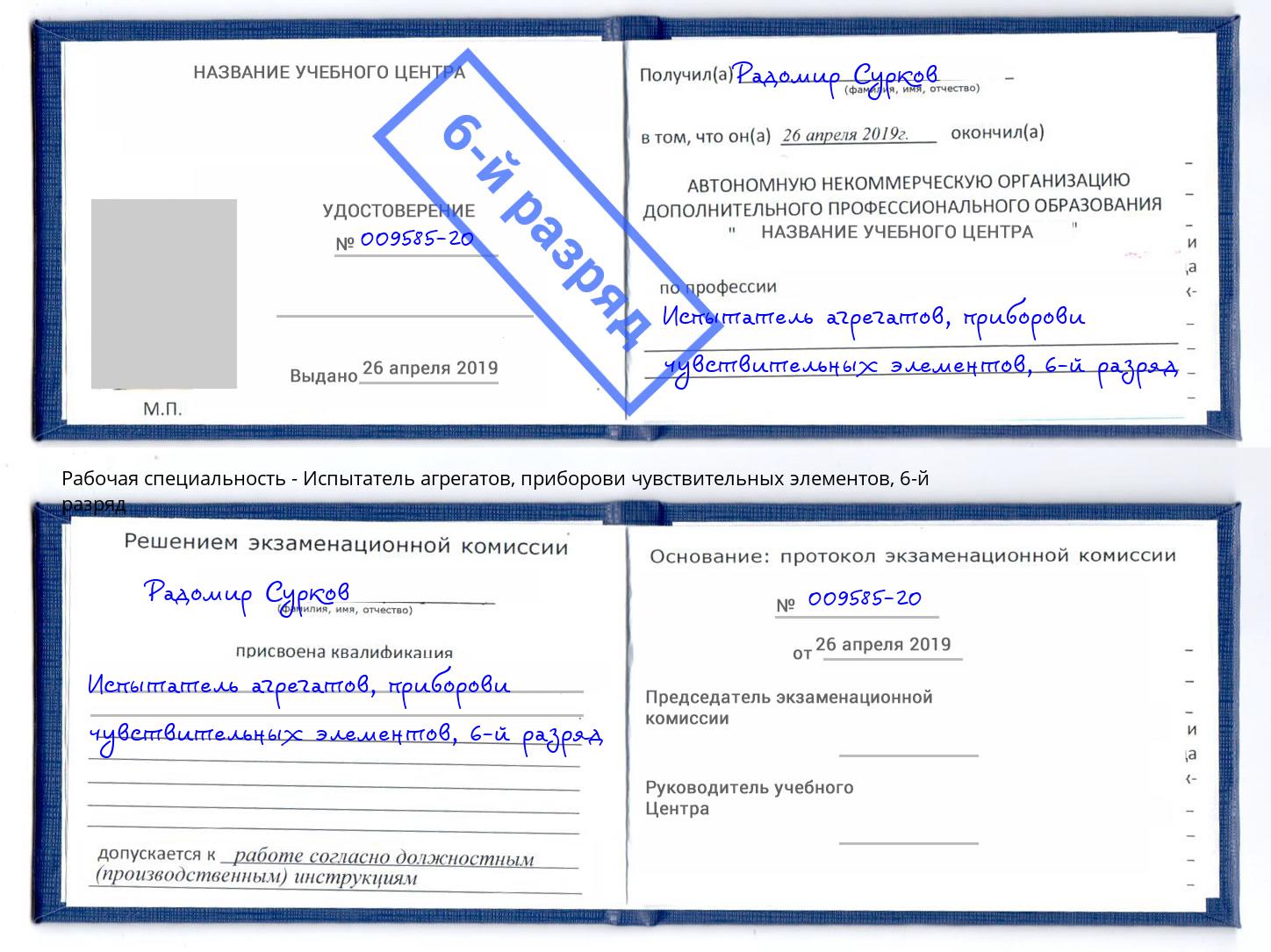 корочка 6-й разряд Испытатель агрегатов, приборови чувствительных элементов Касимов
