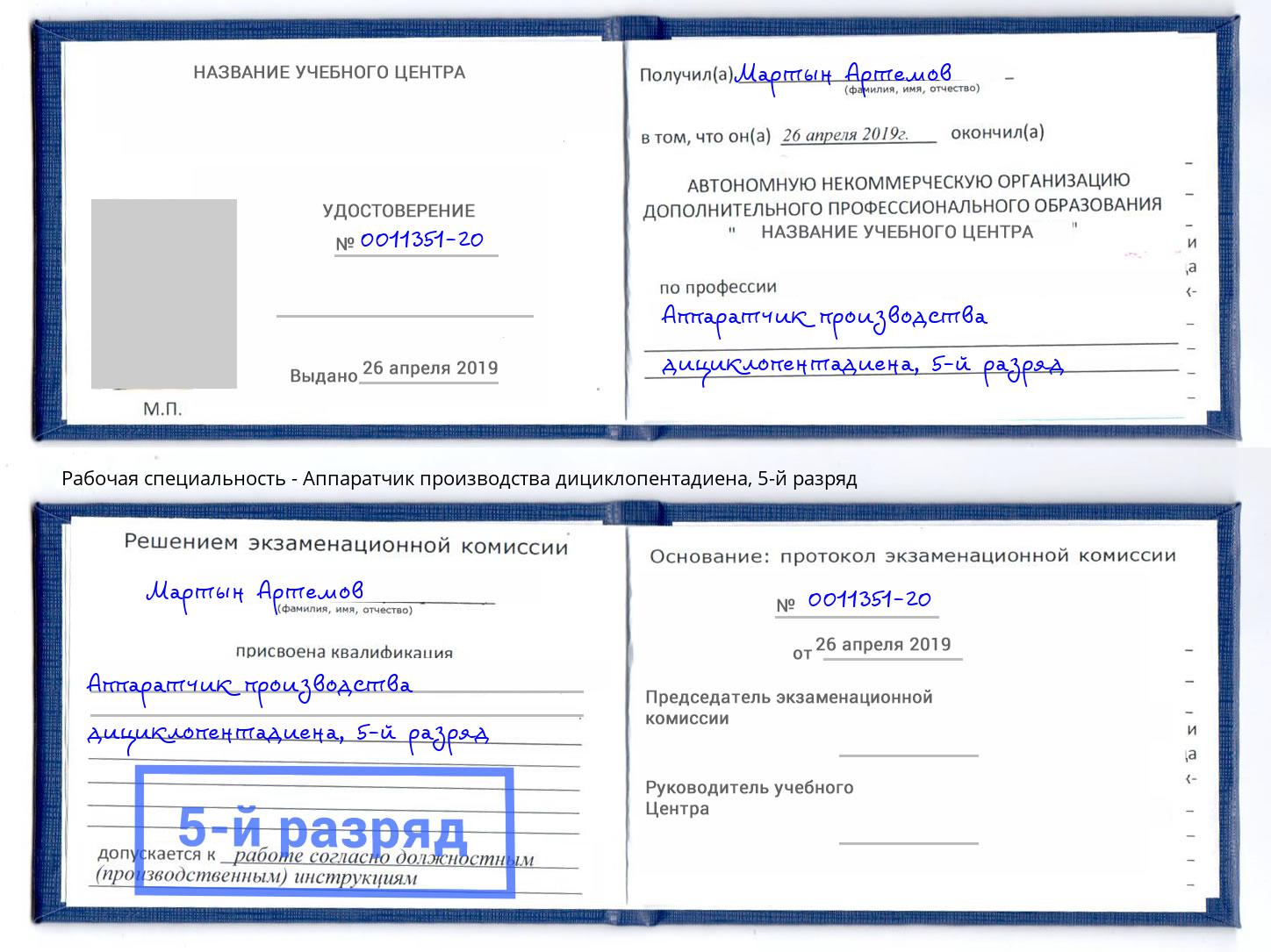 корочка 5-й разряд Аппаратчик производства дициклопентадиена Касимов