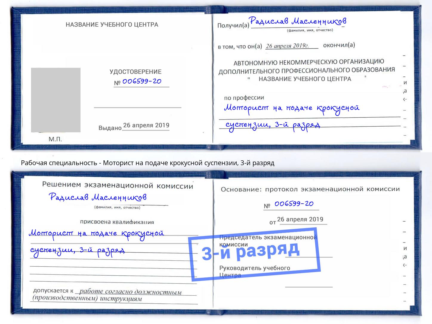 корочка 3-й разряд Моторист на подаче крокусной суспензии Касимов