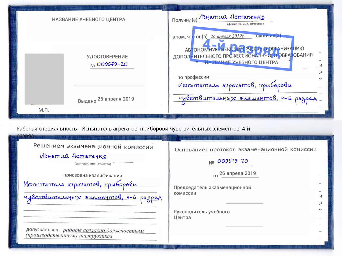 корочка 4-й разряд Испытатель агрегатов, приборови чувствительных элементов Касимов
