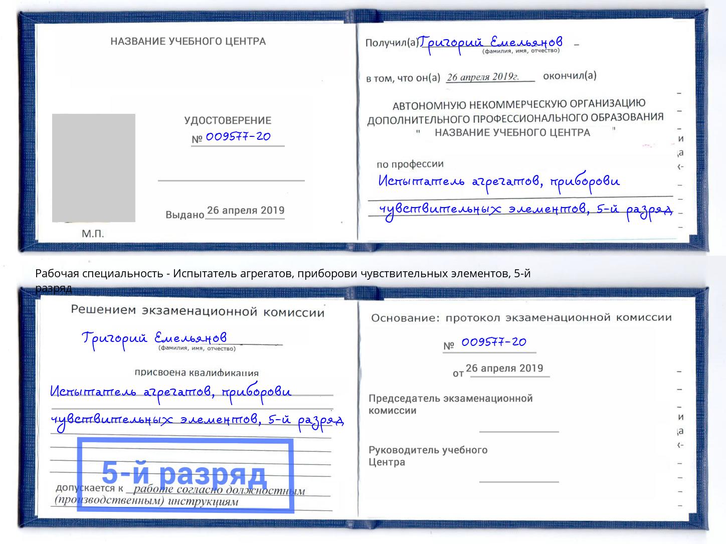 корочка 5-й разряд Испытатель агрегатов, приборови чувствительных элементов Касимов