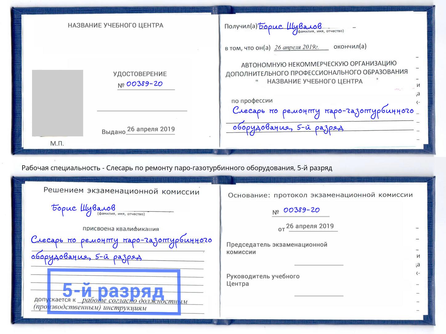 корочка 5-й разряд Слесарь по ремонту паро-газотурбинного оборудования Касимов