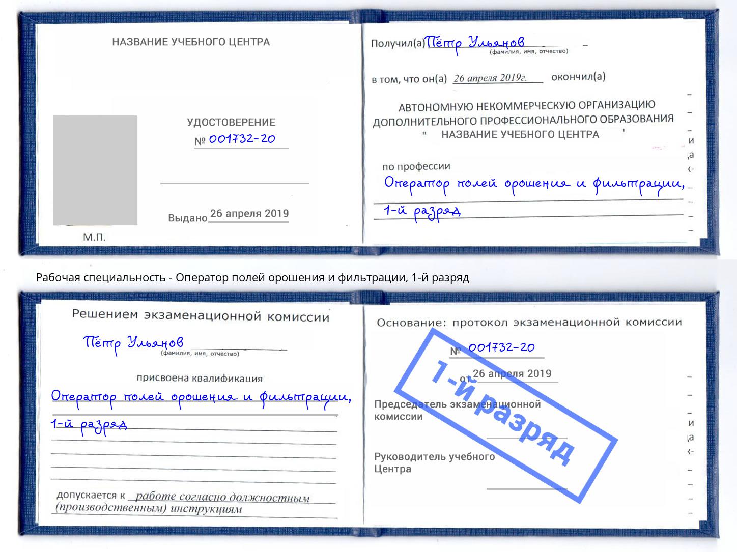 корочка 1-й разряд Оператор полей орошения и фильтрации Касимов