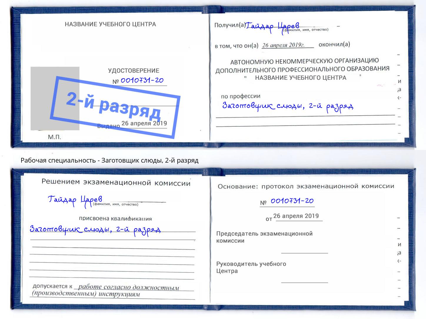 корочка 2-й разряд Заготовщик слюды Касимов