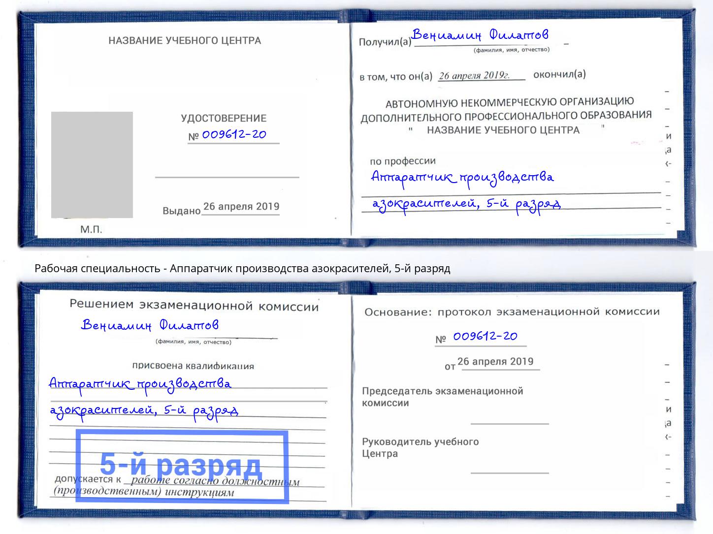 корочка 5-й разряд Аппаратчик производства азокрасителей Касимов