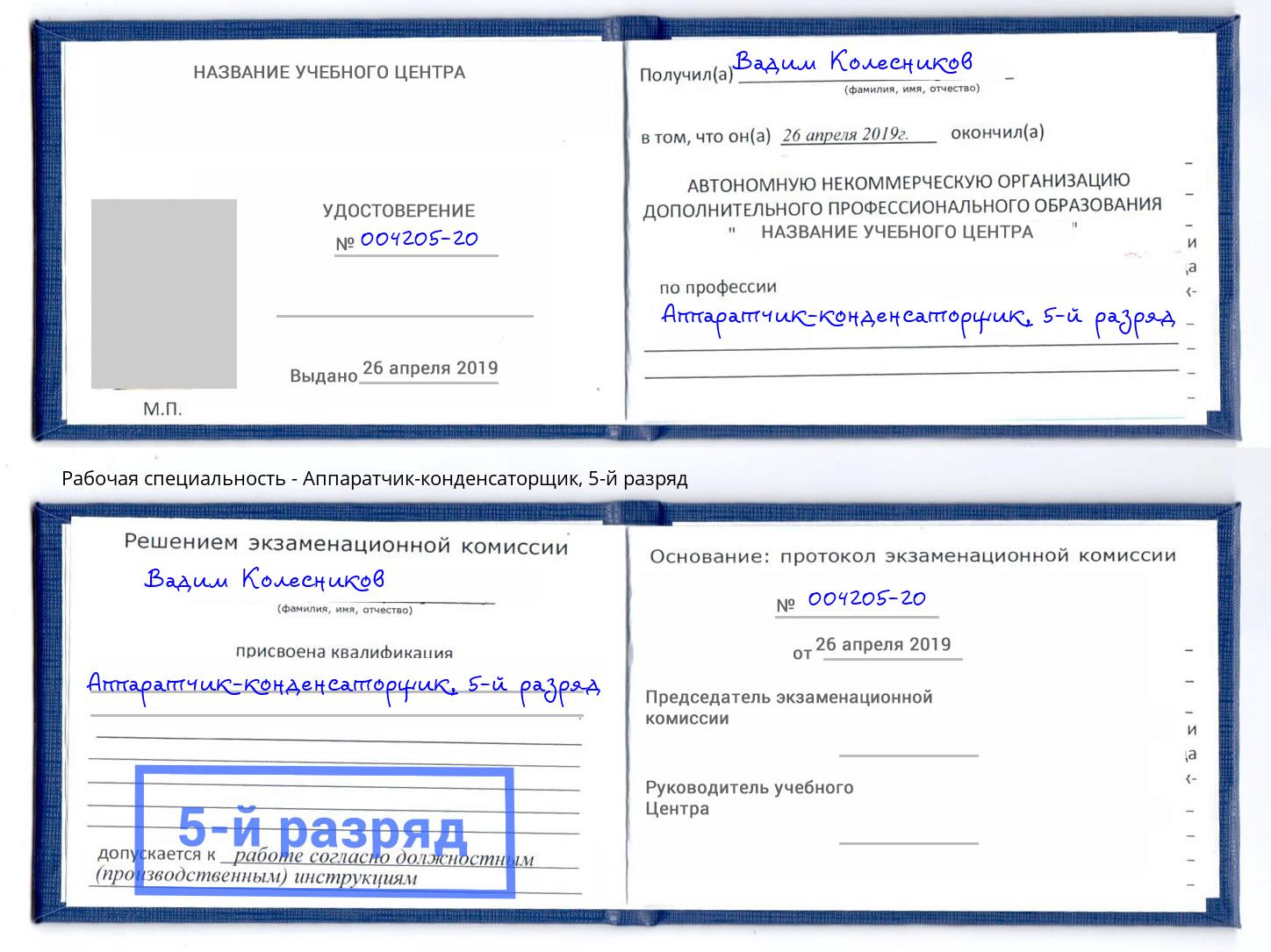 корочка 5-й разряд Аппаратчик-конденсаторщик Касимов