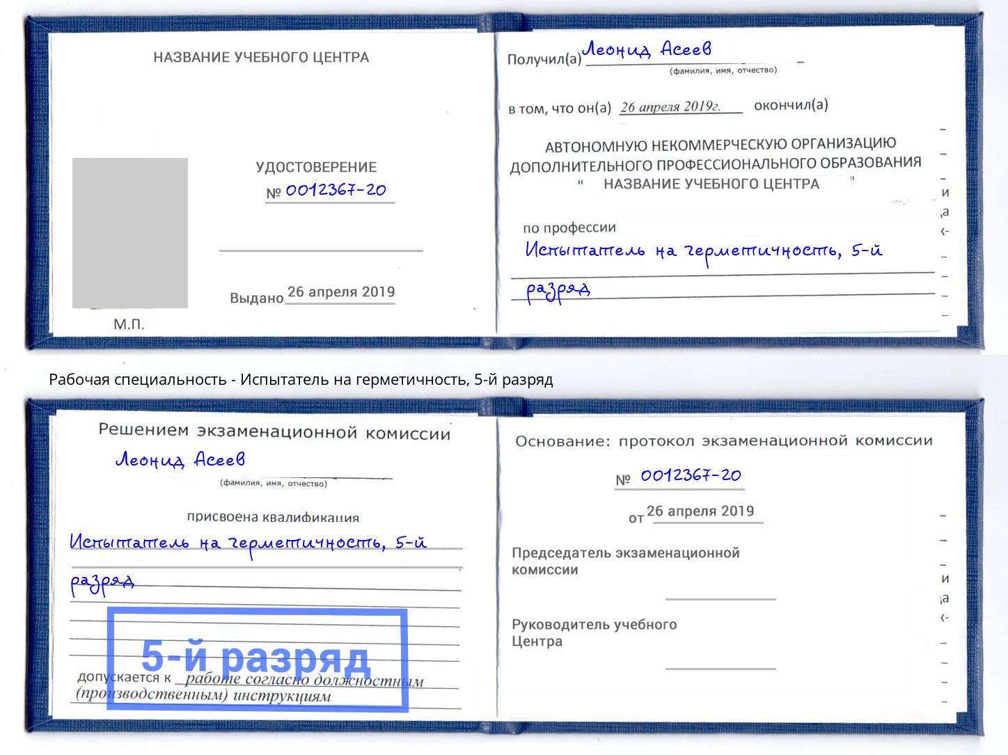 корочка 5-й разряд Испытатель на герметичность Касимов