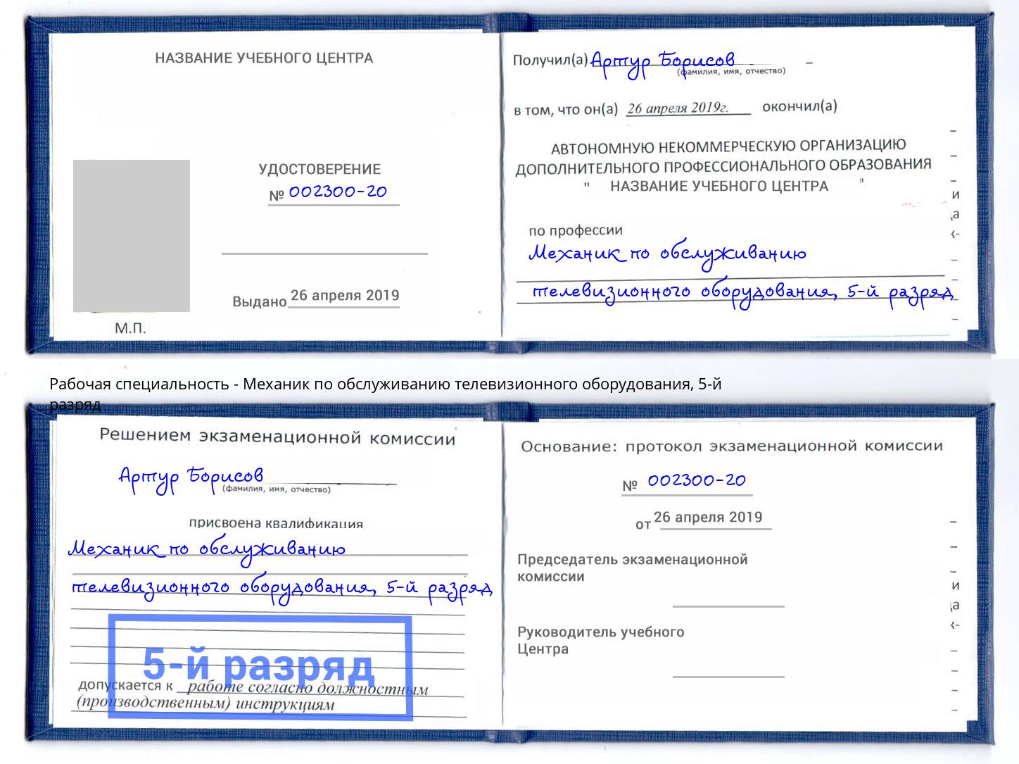 корочка 5-й разряд Механик по обслуживанию телевизионного оборудования Касимов