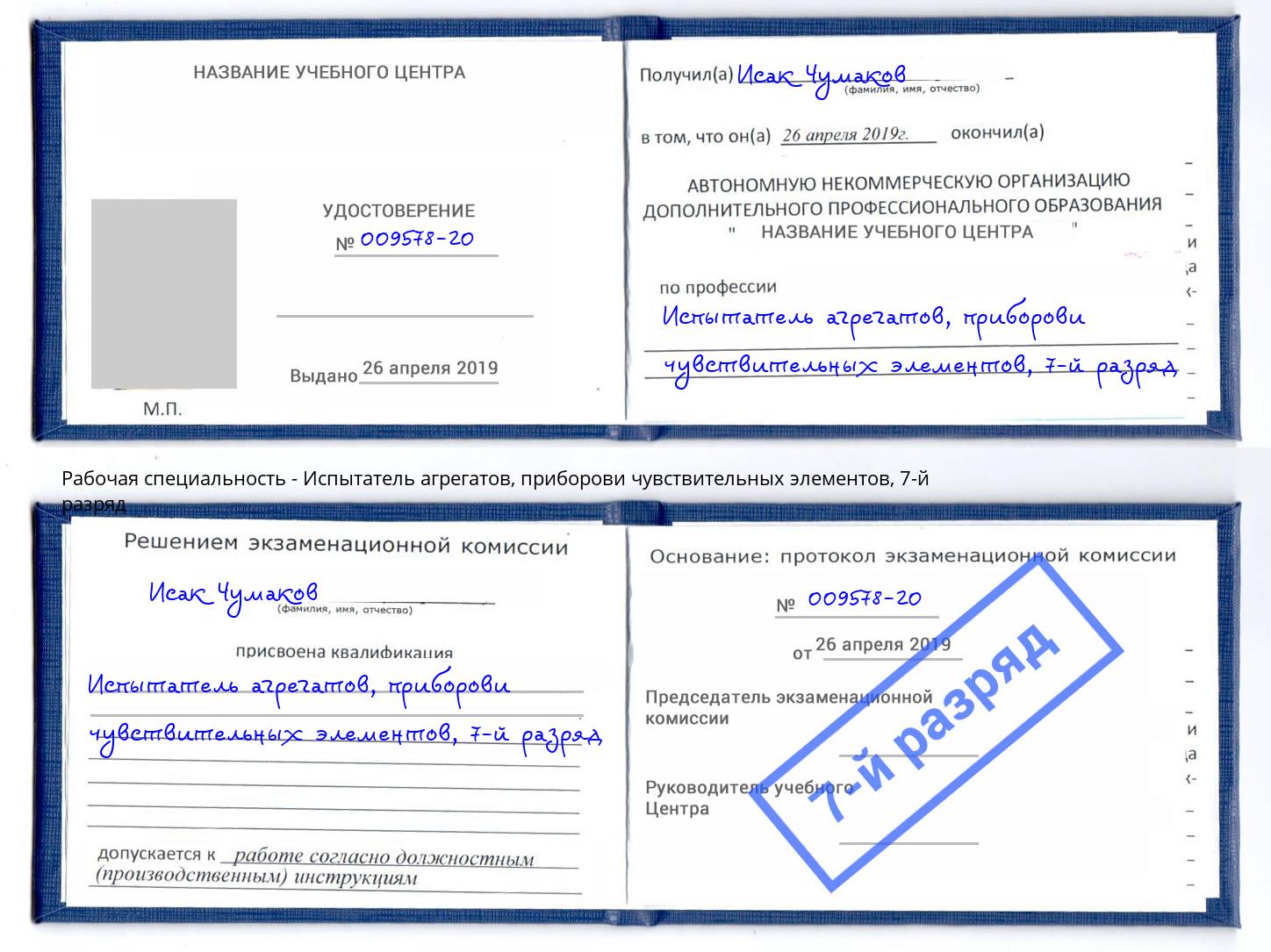 корочка 7-й разряд Испытатель агрегатов, приборови чувствительных элементов Касимов
