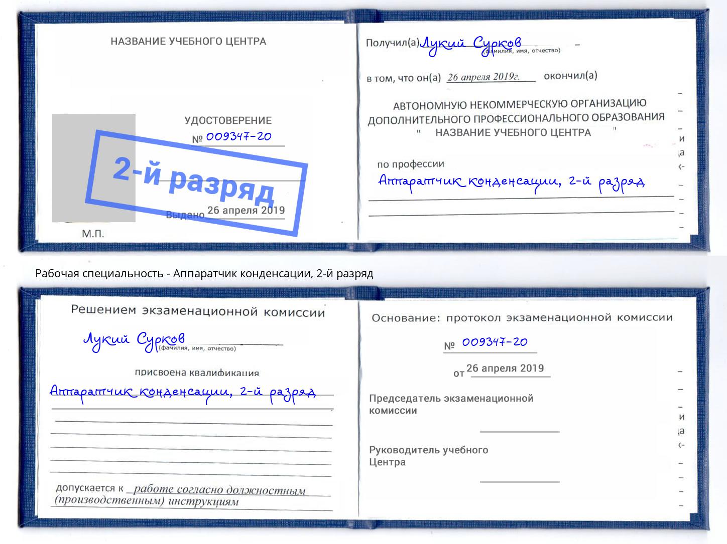 корочка 2-й разряд Аппаратчик конденсации Касимов