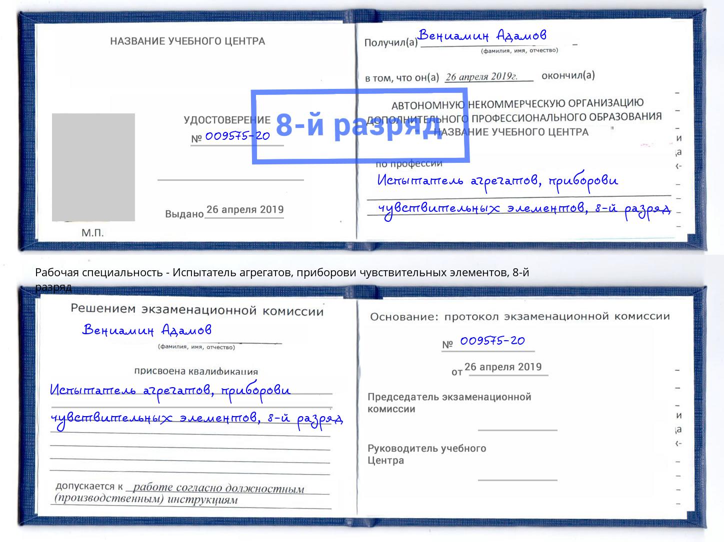 корочка 8-й разряд Испытатель агрегатов, приборови чувствительных элементов Касимов